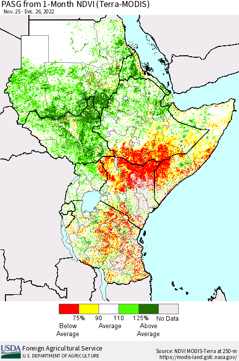 Eastern Africa PASG from 1-Month NDVI (Terra-MODIS) Thematic Map For 12/21/2022 - 12/31/2022