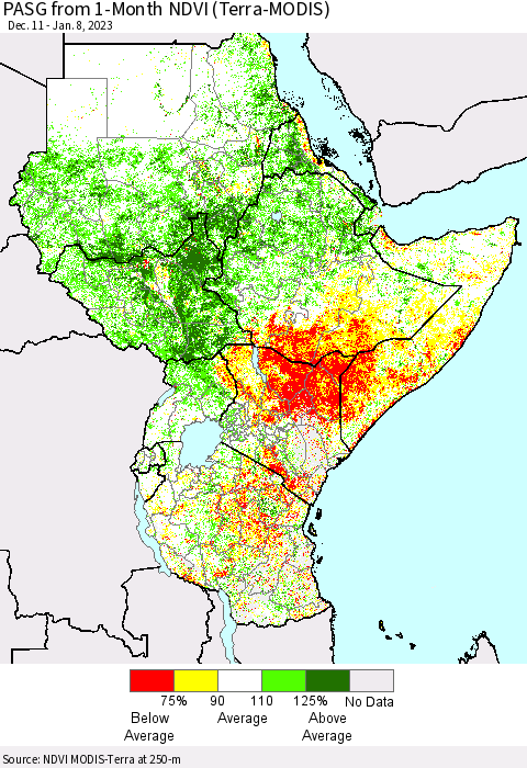 Eastern Africa PASG from 1-Month NDVI (Terra-MODIS) Thematic Map For 1/1/2023 - 1/8/2023