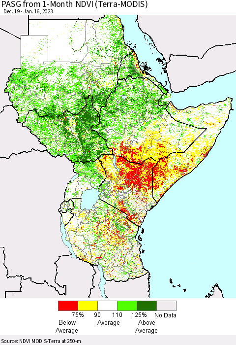 Eastern Africa PASG from 1-Month NDVI (Terra-MODIS) Thematic Map For 1/9/2023 - 1/16/2023