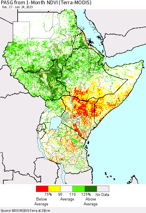 Eastern Africa PASG from 1-Month NDVI (Terra-MODIS) Thematic Map For 1/17/2023 - 1/24/2023