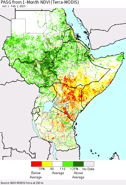 Eastern Africa PASG from 1-Month NDVI (Terra-MODIS) Thematic Map For 1/25/2023 - 2/1/2023