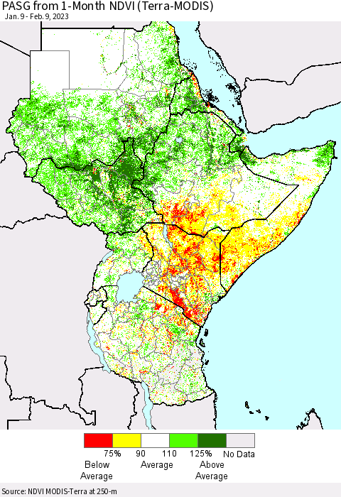 Eastern Africa PASG from 1-Month NDVI (Terra-MODIS) Thematic Map For 2/2/2023 - 2/9/2023