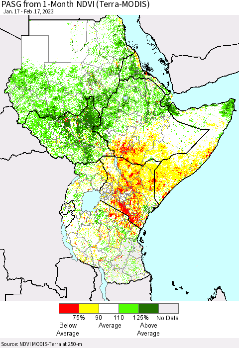 Eastern Africa PASG from 1-Month NDVI (Terra-MODIS) Thematic Map For 2/10/2023 - 2/17/2023