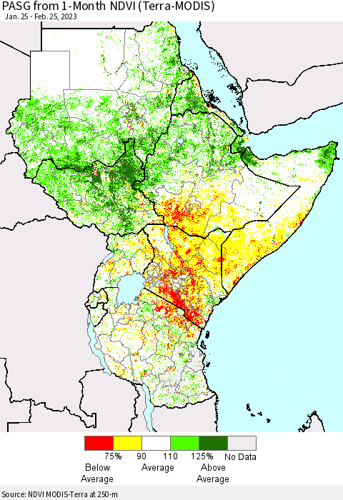 Eastern Africa PASG from 1-Month NDVI (Terra-MODIS) Thematic Map For 2/18/2023 - 2/25/2023