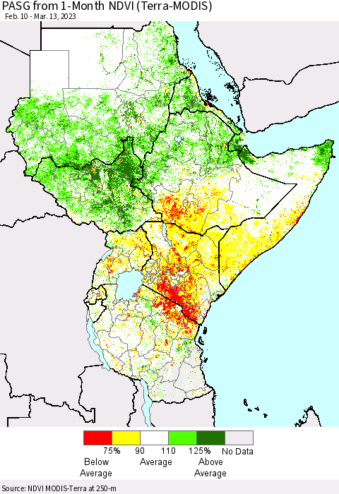Eastern Africa PASG from 1-Month NDVI (Terra-MODIS) Thematic Map For 3/6/2023 - 3/13/2023