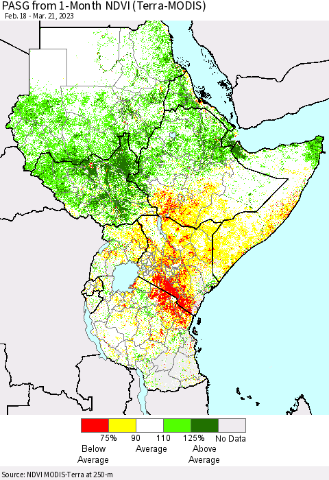 Eastern Africa PASG from 1-Month NDVI (Terra-MODIS) Thematic Map For 3/14/2023 - 3/21/2023