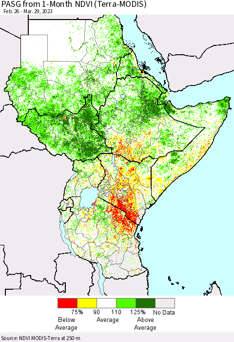 Eastern Africa PASG from 1-Month NDVI (Terra-MODIS) Thematic Map For 3/22/2023 - 3/29/2023