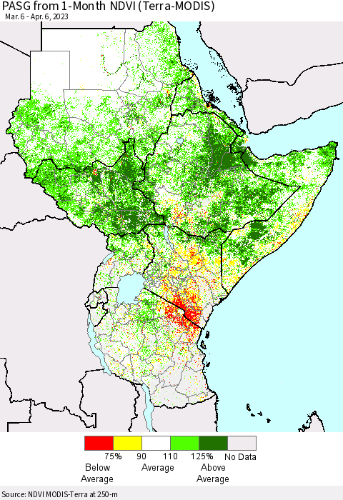 Eastern Africa PASG from 1-Month NDVI (Terra-MODIS) Thematic Map For 3/30/2023 - 4/6/2023