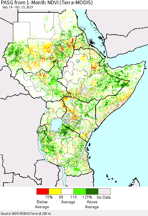 Eastern Africa PASG from 1-Month NDVI (Terra-MODIS) Thematic Map For 10/8/2023 - 10/15/2023