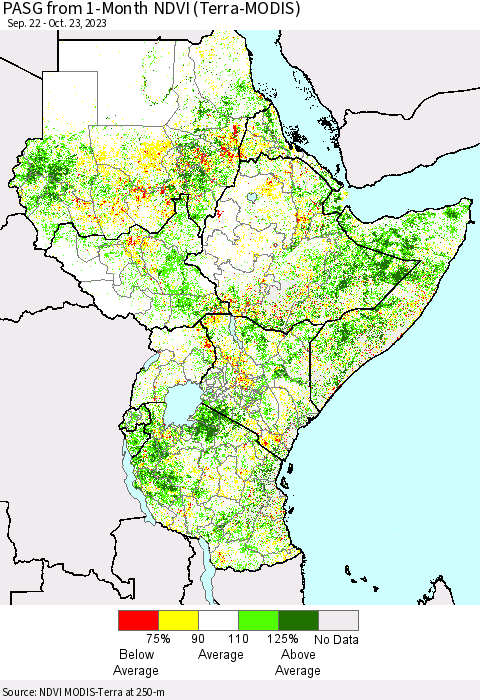 Eastern Africa PASG from 1-Month NDVI (Terra-MODIS) Thematic Map For 10/16/2023 - 10/23/2023