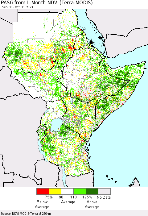Eastern Africa PASG from 1-Month NDVI (Terra-MODIS) Thematic Map For 10/24/2023 - 10/31/2023