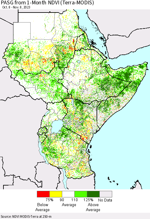 Eastern Africa PASG from 1-Month NDVI (Terra-MODIS) Thematic Map For 11/1/2023 - 11/8/2023