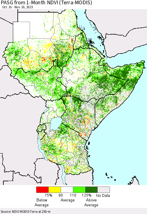 Eastern Africa PASG from 1-Month NDVI (Terra-MODIS) Thematic Map For 11/9/2023 - 11/16/2023