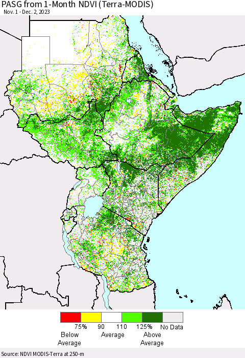 Eastern Africa PASG from 1-Month NDVI (Terra-MODIS) Thematic Map For 11/25/2023 - 12/2/2023