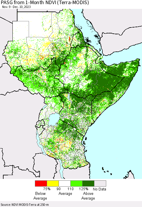 Eastern Africa PASG from 1-Month NDVI (Terra-MODIS) Thematic Map For 12/3/2023 - 12/10/2023