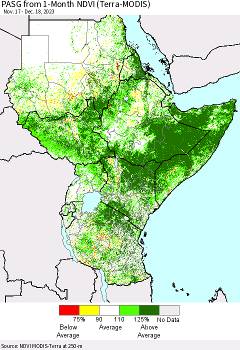 Eastern Africa PASG from 1-Month NDVI (Terra-MODIS) Thematic Map For 12/11/2023 - 12/18/2023