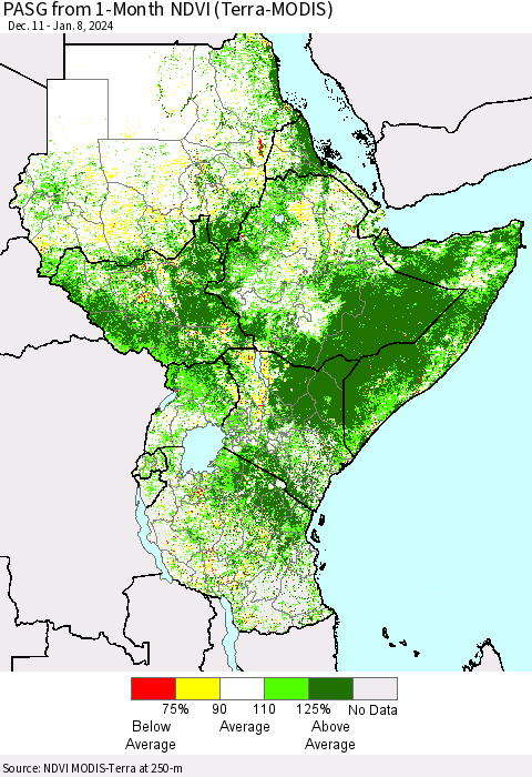 Eastern Africa PASG from 1-Month NDVI (Terra-MODIS) Thematic Map For 1/1/2024 - 1/8/2024