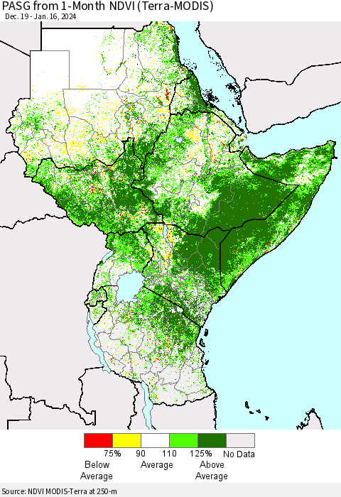 Eastern Africa PASG from 1-Month NDVI (Terra-MODIS) Thematic Map For 1/9/2024 - 1/16/2024