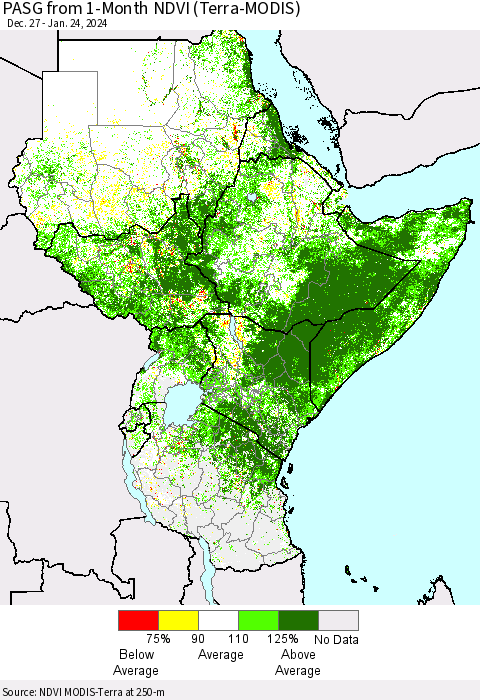 Eastern Africa PASG from 1-Month NDVI (Terra-MODIS) Thematic Map For 1/17/2024 - 1/24/2024