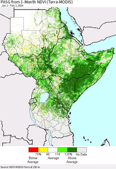Eastern Africa PASG from 1-Month NDVI (Terra-MODIS) Thematic Map For 1/25/2024 - 2/1/2024