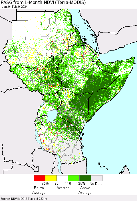 Eastern Africa PASG from 1-Month NDVI (Terra-MODIS) Thematic Map For 2/2/2024 - 2/9/2024