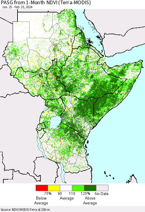 Eastern Africa PASG from 1-Month NDVI (Terra-MODIS) Thematic Map For 2/18/2024 - 2/25/2024