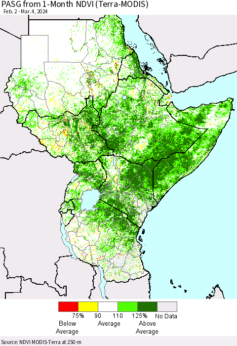 Eastern Africa PASG from 1-Month NDVI (Terra-MODIS) Thematic Map For 2/26/2024 - 3/4/2024