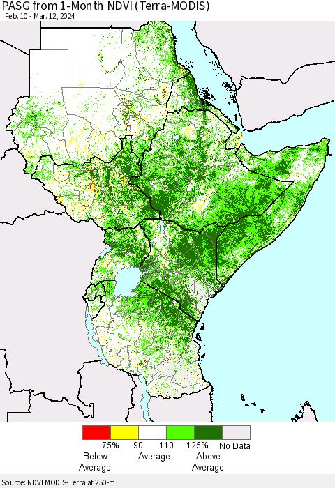 Eastern Africa PASG from 1-Month NDVI (Terra-MODIS) Thematic Map For 3/5/2024 - 3/12/2024