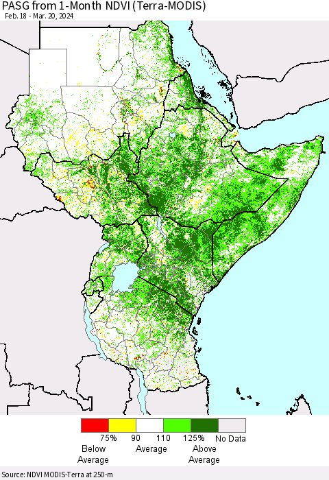 Eastern Africa PASG from 1-Month NDVI (Terra-MODIS) Thematic Map For 3/13/2024 - 3/20/2024