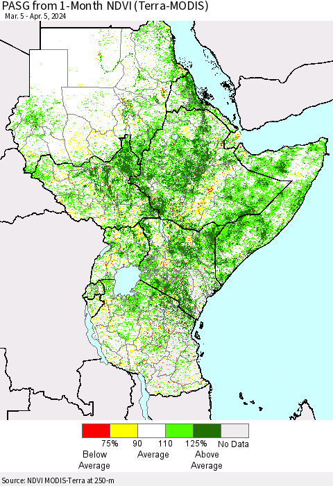 Eastern Africa PASG from 1-Month NDVI (Terra-MODIS) Thematic Map For 3/29/2024 - 4/5/2024