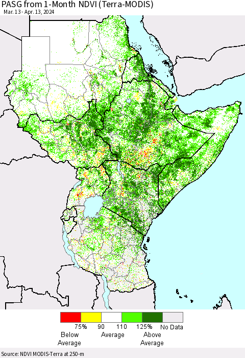 Eastern Africa PASG from 1-Month NDVI (Terra-MODIS) Thematic Map For 4/6/2024 - 4/13/2024