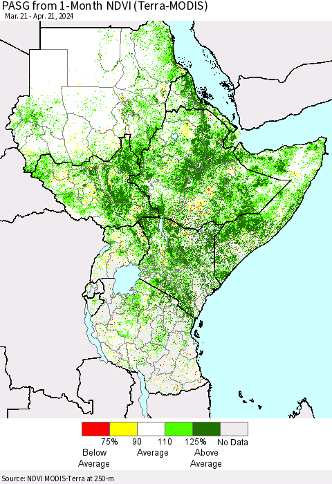 Eastern Africa PASG from 1-Month NDVI (Terra-MODIS) Thematic Map For 4/14/2024 - 4/21/2024