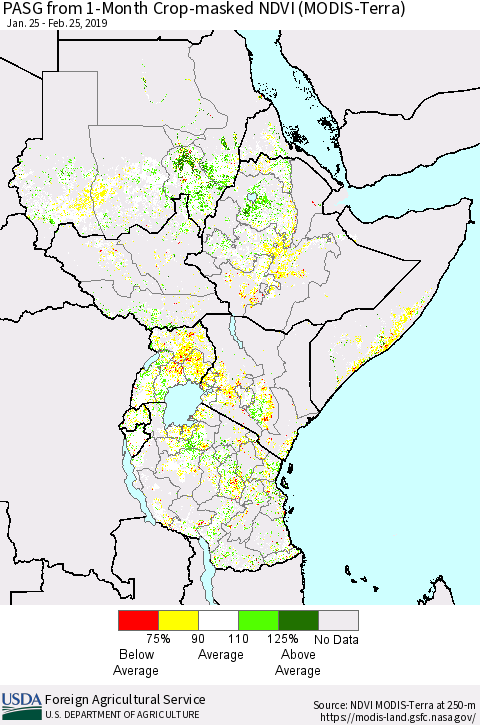 Eastern Africa PASG from 1-Month Cropland NDVI (Terra-MODIS) Thematic Map For 2/21/2019 - 2/28/2019