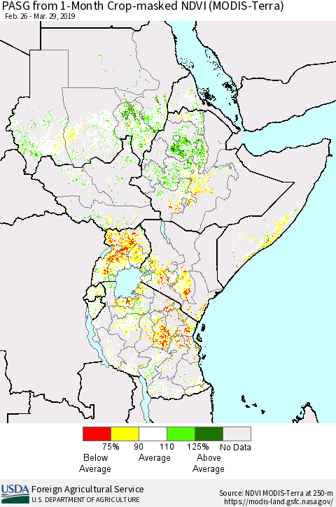 Eastern Africa PASG from 1-Month Cropland NDVI (Terra-MODIS) Thematic Map For 3/21/2019 - 3/31/2019