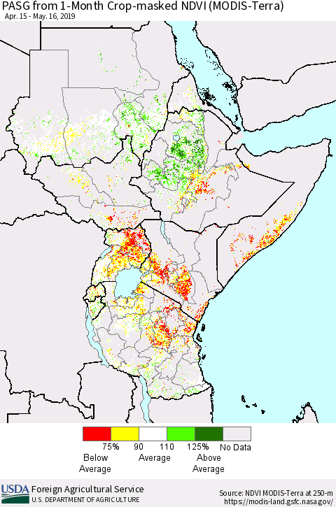 Eastern Africa PASG from 1-Month Cropland NDVI (Terra-MODIS) Thematic Map For 5/11/2019 - 5/20/2019