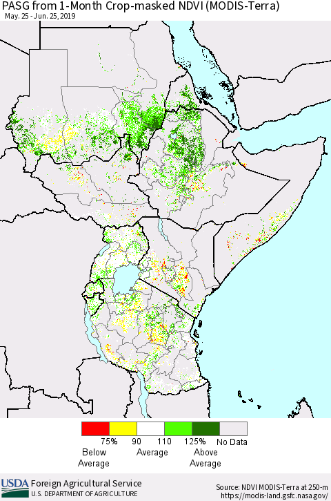 Eastern Africa PASG from 1-Month Cropland NDVI (Terra-MODIS) Thematic Map For 6/21/2019 - 6/30/2019