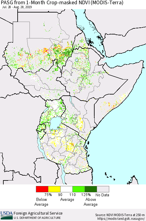 Eastern Africa PASG from 1-Month Cropland NDVI (Terra-MODIS) Thematic Map For 8/21/2019 - 8/31/2019