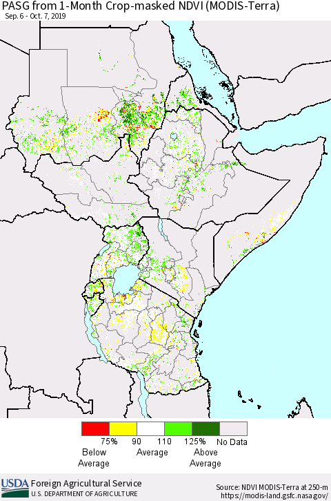 Eastern Africa PASG from 1-Month Cropland NDVI (Terra-MODIS) Thematic Map For 10/1/2019 - 10/10/2019