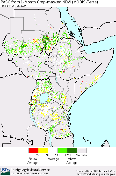 Eastern Africa PASG from 1-Month Cropland NDVI (Terra-MODIS) Thematic Map For 10/11/2019 - 10/20/2019
