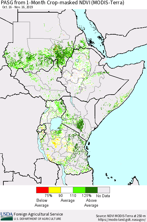Eastern Africa PASG from 1-Month Cropland NDVI (Terra-MODIS) Thematic Map For 11/11/2019 - 11/20/2019