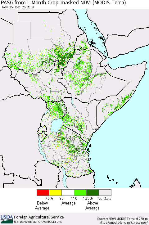 Eastern Africa PASG from 1-Month Cropland NDVI (Terra-MODIS) Thematic Map For 12/21/2019 - 12/31/2019