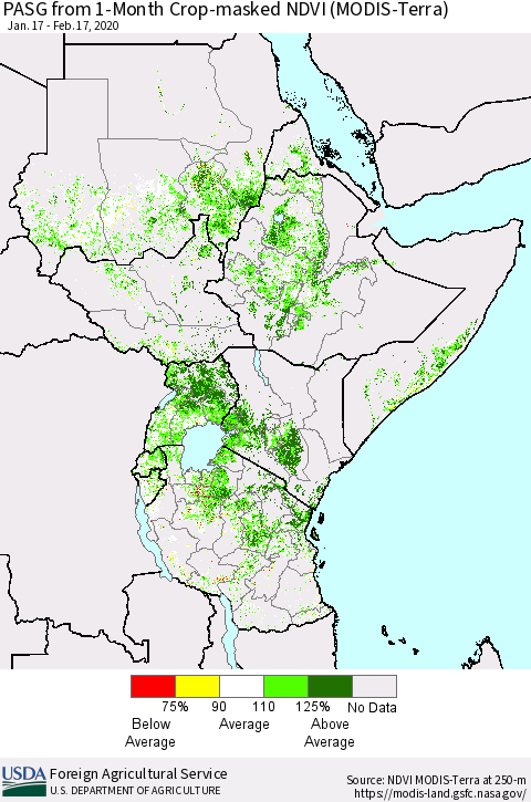 Eastern Africa PASG from 1-Month Cropland NDVI (Terra-MODIS) Thematic Map For 2/11/2020 - 2/20/2020