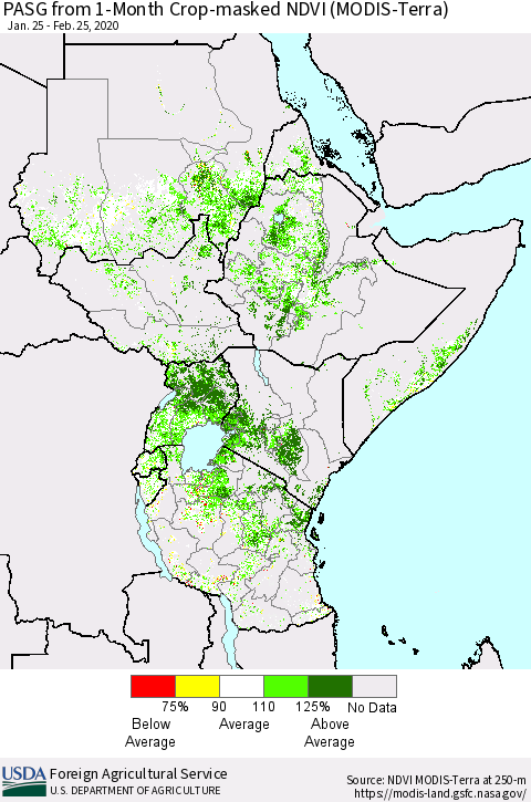 Eastern Africa PASG from 1-Month Cropland NDVI (Terra-MODIS) Thematic Map For 2/21/2020 - 2/29/2020