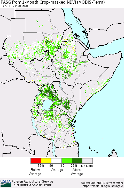 Eastern Africa PASG from 1-Month Cropland NDVI (Terra-MODIS) Thematic Map For 3/11/2020 - 3/20/2020