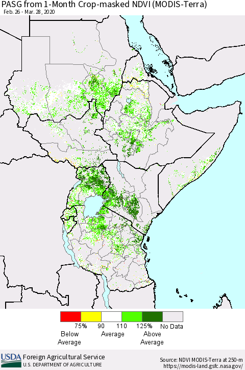 Eastern Africa PASG from 1-Month Cropland NDVI (Terra-MODIS) Thematic Map For 3/21/2020 - 3/31/2020