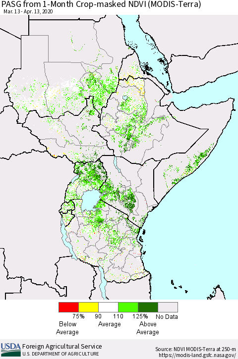 Eastern Africa PASG from 1-Month Cropland NDVI (Terra-MODIS) Thematic Map For 4/11/2020 - 4/20/2020