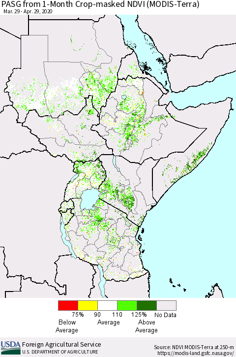 Eastern Africa PASG from 1-Month Cropland NDVI (Terra-MODIS) Thematic Map For 4/21/2020 - 4/30/2020