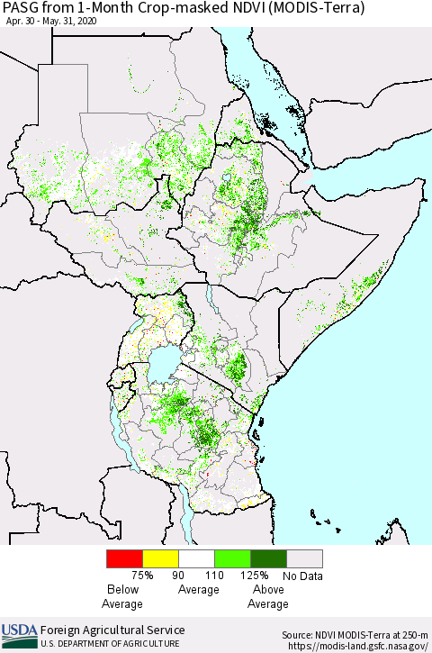 Eastern Africa PASG from 1-Month Cropland NDVI (Terra-MODIS) Thematic Map For 5/21/2020 - 5/31/2020