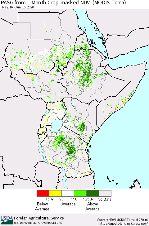 Eastern Africa PASG from 1-Month Cropland NDVI (Terra-MODIS) Thematic Map For 6/11/2020 - 6/20/2020