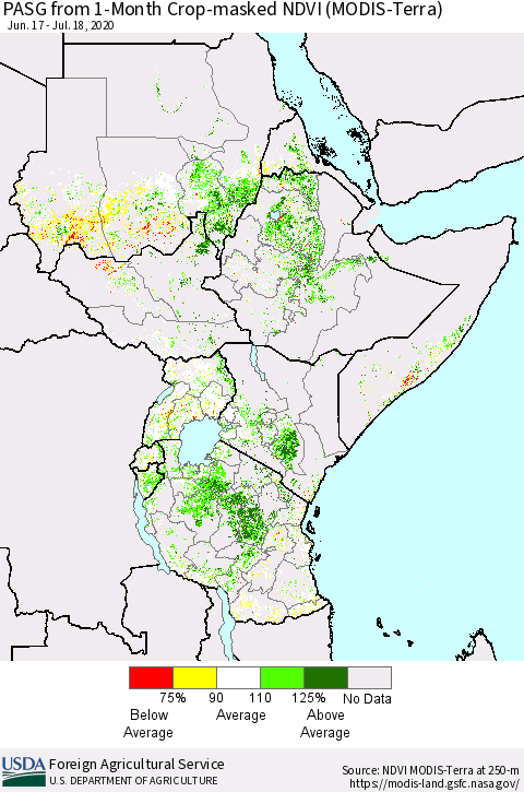 Eastern Africa PASG from 1-Month Cropland NDVI (Terra-MODIS) Thematic Map For 7/11/2020 - 7/20/2020